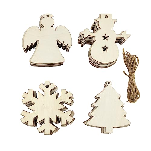 48 Pieces Wooden Christmas Ornaments Unfinished Wooden Christmas Trees, Snowmen, Angels, Snowflakes Cutouts Christmas Hanging Decoration Craft Gift