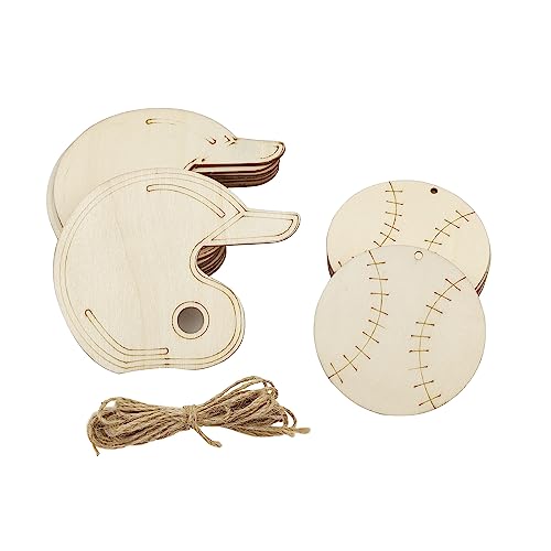 32 Pack Wood Baseball & Hat Cutouts Baseball Wood DIY Crafts Baseball Shaped Wood Slices Hanging Ornaments Sports Gift Tags for Home Party Decoration