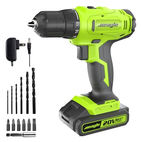 Meagle Cordless Drill, 20V Power Drill set with Battery & charger, 2 Variable Speed Electric Power Drill 18+1 Torque Setting, 3/8” Chuck with Drill