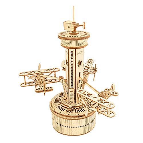 ROKR Airplane Control Tower 3D Wooden Puzzle Music Box – DIY Mechanical Model Kit for Adults and Kids