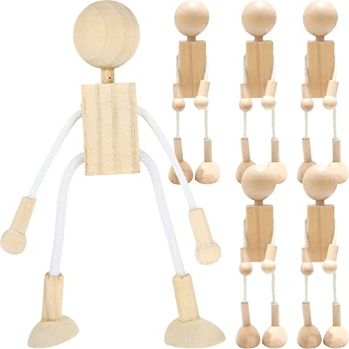 Milisten 6pcs Wooden Peg Dolls, Unfinished Wooden Figures People Doll Robot Unfinished Bodies Figures, Adjustable Peg Dolls for DIY Painting Arts