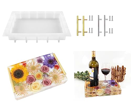 Resin Tray Molds Silicone, 13.5″ Large Rectangle Deep Tray Resin Mold & Gold and Silver Handle, Shiny Silicone Tray Board Table Mold for Resin,