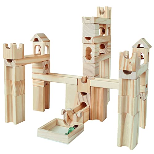 Wooden Marble Run for Kids Ages 4-8, 65 Pieces Wood Building Blocks Toys and Construction Play Set, Marble Track Maze Game STEM Learning Toys Gifts