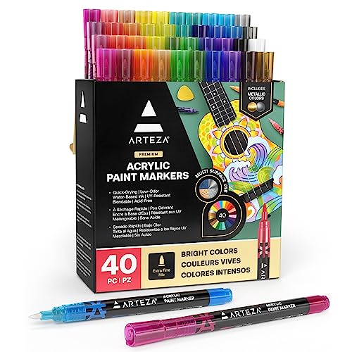 Arteza Acrylic Paint Markers, Set of 40 Acrylic Paint Pens in Assorted Colors, Art & Craft Supplies for Glass, Pottery, Ceramic, Rock, Canvas