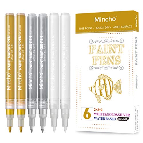 White Paint Pen, 0.7mm Acrylic 2 White, 2 Gold, 2 Silver Permanent Marker Pens for Wood Rock Plastic Leather Glass Stone Metal Canvas Ceramic Marker