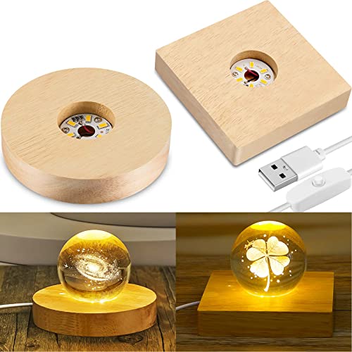 Honoson 2 Pieces Wood Light Display Base Wooden LED Display Base Crystal Glass Base Stand Wood LED Display Stand for 3D Crystal Glass Resin Art