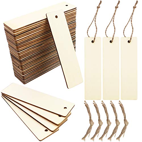 WYKOO 50 Pcs Blank Wooden Gift Tags Labels, Rectangle Wood Crafts DIY Blank Hanging Gift Tags Ornaments with Ropes, Blank Wood Bookmarks, 4.7×1.3