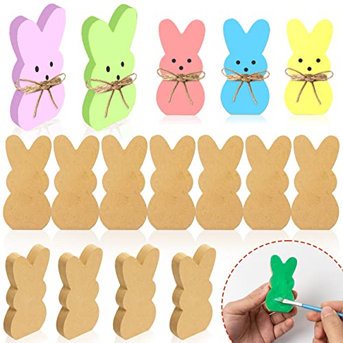 GuassLee 12pcs Easter Wooden Bunny Cutout for Easter Craft Unfinished Wood Blank Peeps Rabbit Sign with Twines for Kids DIY Craft Making Painting