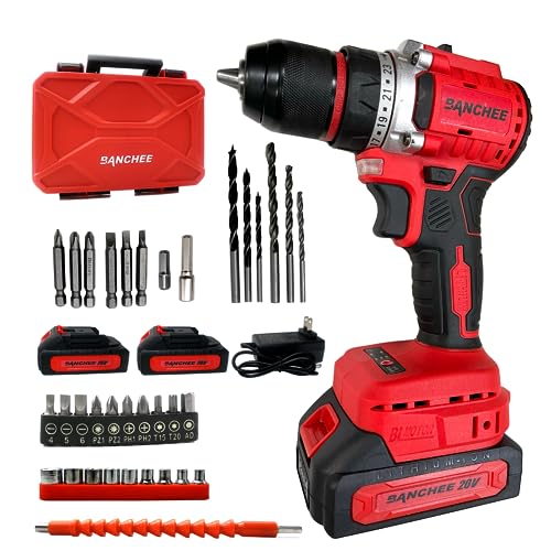 BANCHEE 20V Brushless Cordless Power Drill kit, 3/8 “keyless metal ratchet chuck, 23+1 Torque Settings with 2×1.5Ah Batteries and Charger, 2-Variable