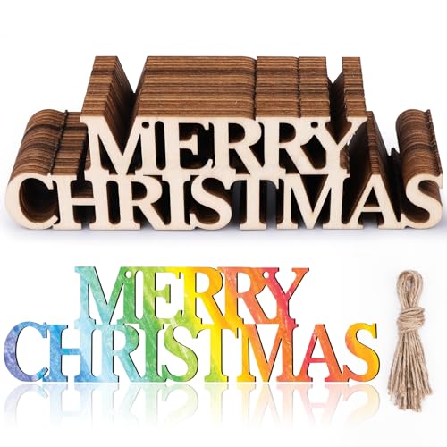 AIERSA 20Pcs Merry Christmas Unfinished Wood Crafts, Christmas Crafts for Kids Adults, Wood Cutouts Gift Tags,Wooden Letters Ornaments with 25