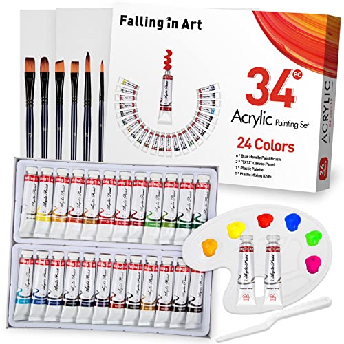 Falling in Art 34 Pieces Acrylic Paint Set – Canvas Painting Kit with 26 Acrylic Paints, Nylon Brushes, Plastic Palette, Mixing Knife for Kids,