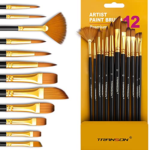 Transon Art Painting Brush Assorted Set of 12 for Acrylic Watercolor Gouache Hobby Painting