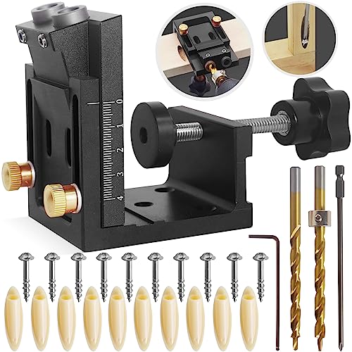 HFM Pocket Hole Jig Tool Kit for Carpentry, Pocket Hole Drill Guide Jig Set for 15° Angled Holes, Portable Wood Pocket Hole Screw Clamp System for