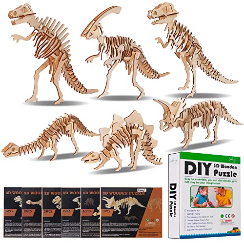 Calary 3D Wooden Dinosaur Puzzle Set – DIY Animal Assembly Model for Kids and Adults (Set of 6)