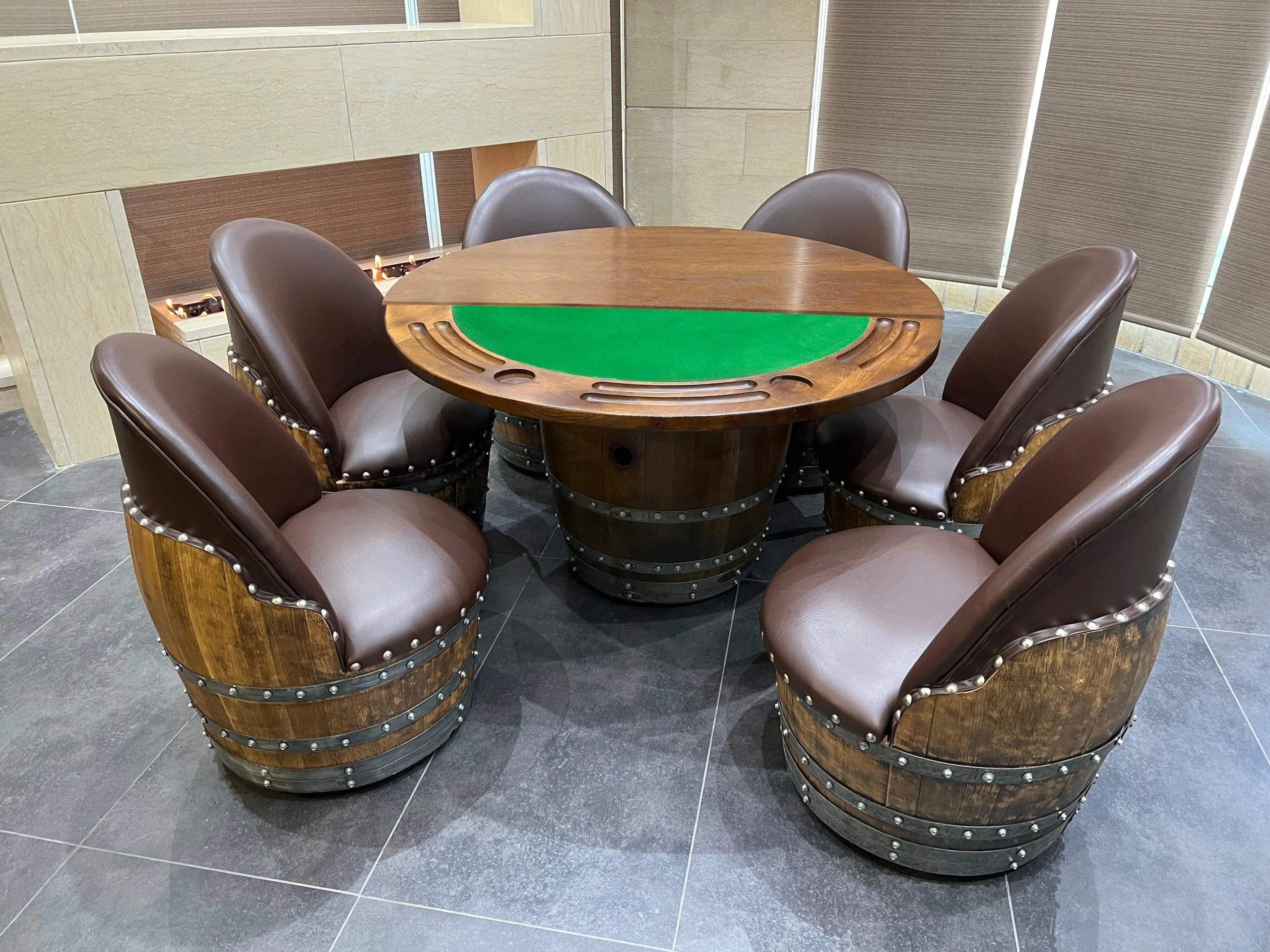 Wine Barrel Whiskey Barrel Poker Set with Removable Dining Top – Game Table & Barrel Chair – Wine Barrel Table for Dining and Poker