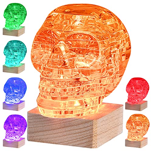 3D Skull Crystal Puzzle, Skull Assembly Brain Teaser with Light-Up Wood Base for Halloween Decorations Indoor, Plastic Skull DIY Puzzle Blocks 3D