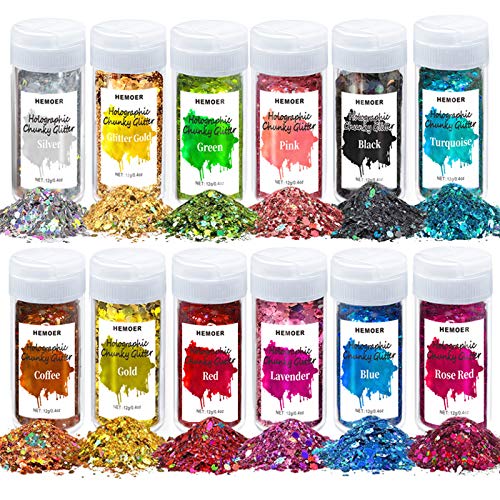 HEMOER Holographic Chunky Glitter, 12 Colors Sparkle Sequins, Cosmetic Craft Set for Epoxy Resin, Body, Face, Nail, Slime, Wedding Festival Party