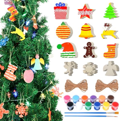 120 Pcs DIY Wooden Christmas Ornaments, Wooden Ornaments to Paint, Xmas Christmas Tree Wood Painting Craft Kit, Festival Holiday Unfinished Wood