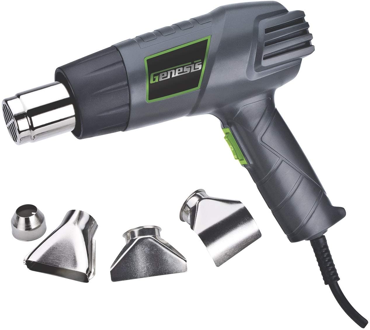 Genesis GHG1500A Dual Temperature Heat Gun Kit With Fast Heat High And Low Settings 572F/1000F, Air Reduction Nozzle, Reflector Nozzle, And Two