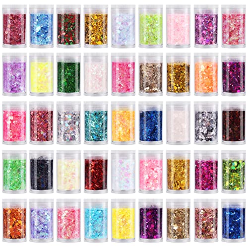 Chunky Fine Mixed Glitter,Set of 45 Colors,Holographic Glitter for Epoxy Resin DIY Craft,Nail Art,Face Eye Hair Make up,Iridescent Sequin Flake