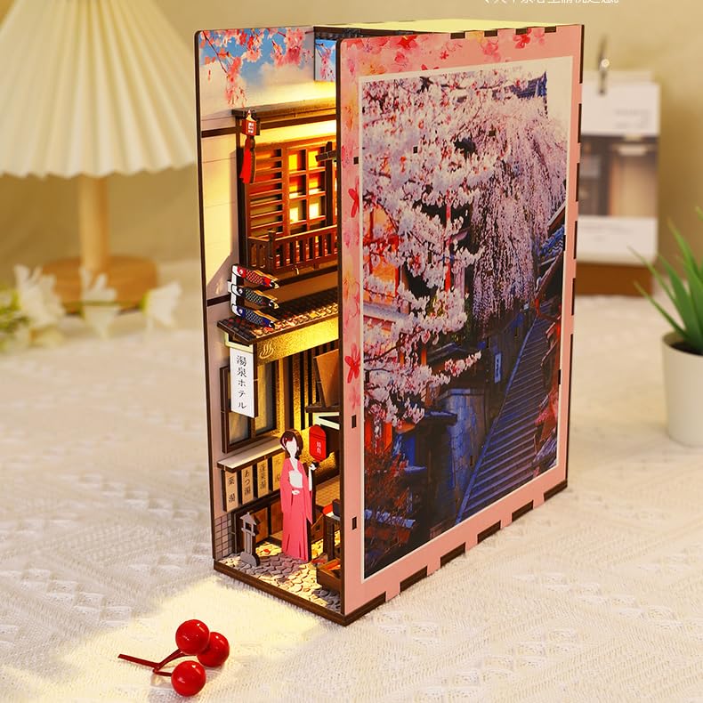 Hallisun DIY Book Nook Kit 3D Wooden Puzzle for Adults, Bookshelf Insert Decor Sakura Town with LED Light Music Box, Bookend Building Set Miniature