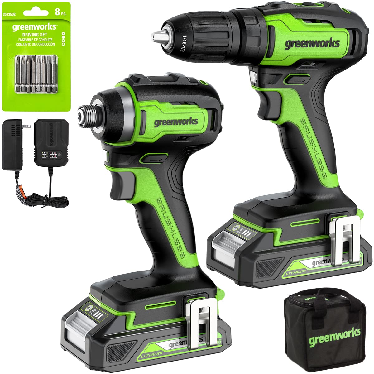 Greenworks 24V Brushless Cordless Drill Impact Driver Combo kit, 1/2”Drill & 1/4”Hex Impact Driver Power Tool Kit, Included 2 Batteries, 1 Charger, 8