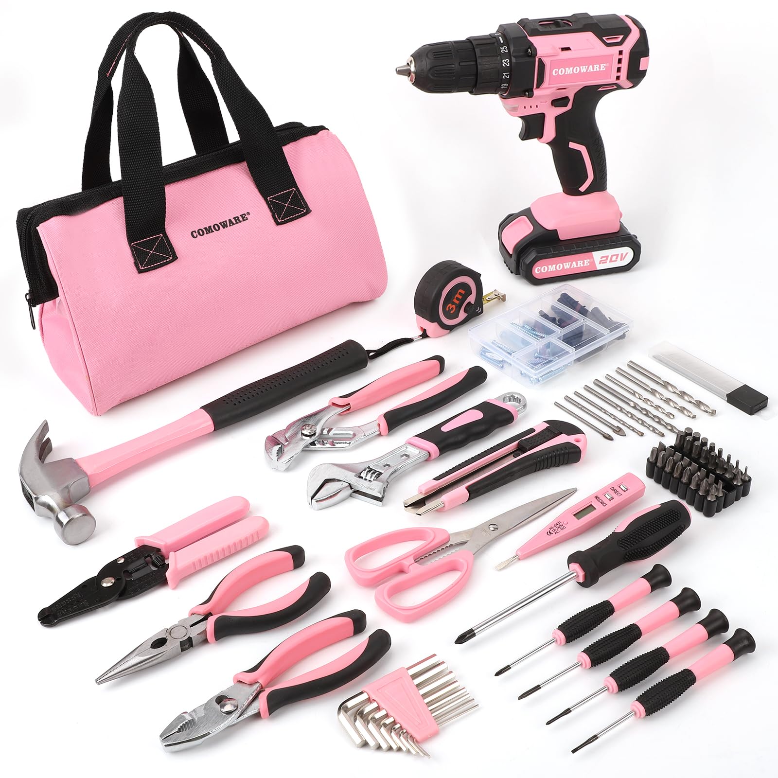 COMOWARE 169Pcs Home Tool Kit with Drill, Pink Drill Set for Women, Lady’s Home Repairing Tool Kit with 20V Power Drill, with a Large-Capacity Tool