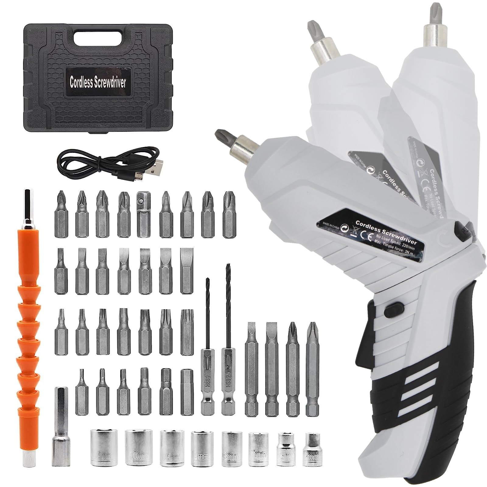 MQFORU Cordless Screwdriver，3.6V Rechargeable Electric Screwdriver Kit, 47 in 1 Portable Cordless Drills, Dual Position Handle with USB Cable LED