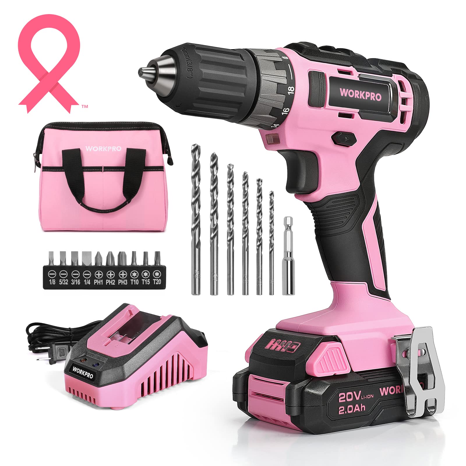 WORKPRO 20V Pink Cordless Drill Driver Set, 3/8” Keyless Chuck, 2.0 Ah Li-ion Battery, 1 Hour Fast Charger and 11-inch Storage Bag Included – Pink