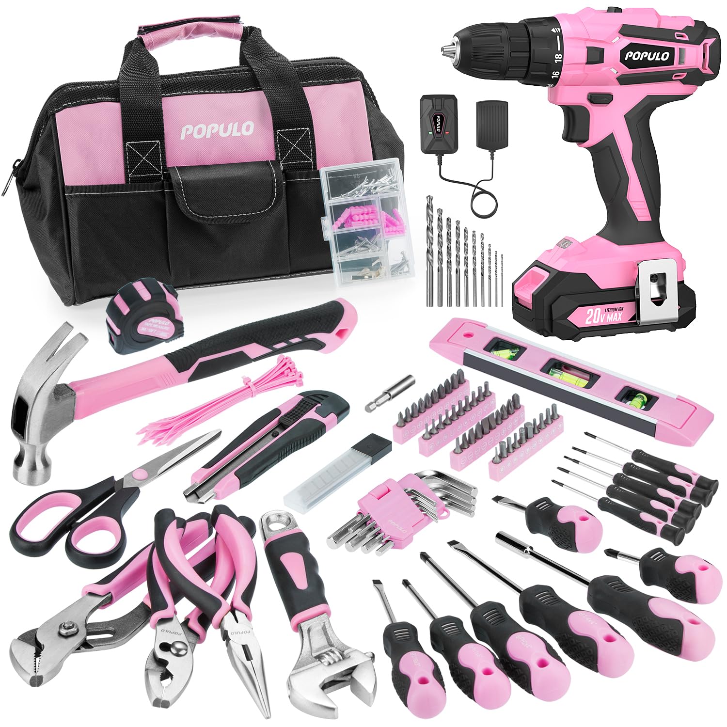 POPULO Pink Tool Kit 236-Piece with Cordless 20V 2000mAh Power Drill Driver, Lady’s Basic Home Tool Set with 12-Inch Pink Tool Bag, Electric Drill