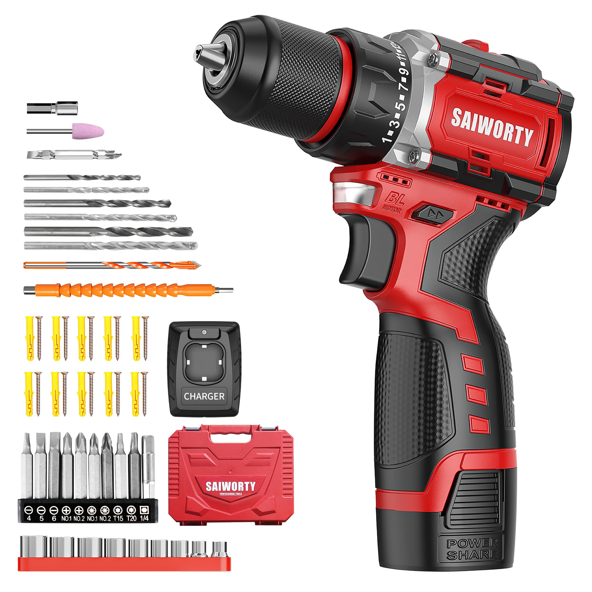 Saiworty 16V Cordless Drill Set, Electric Power Drill Set with Battery & Charger, Small Hand Drills,3/8″ Keyless Chuck, 2 Variable Speed, Built-in