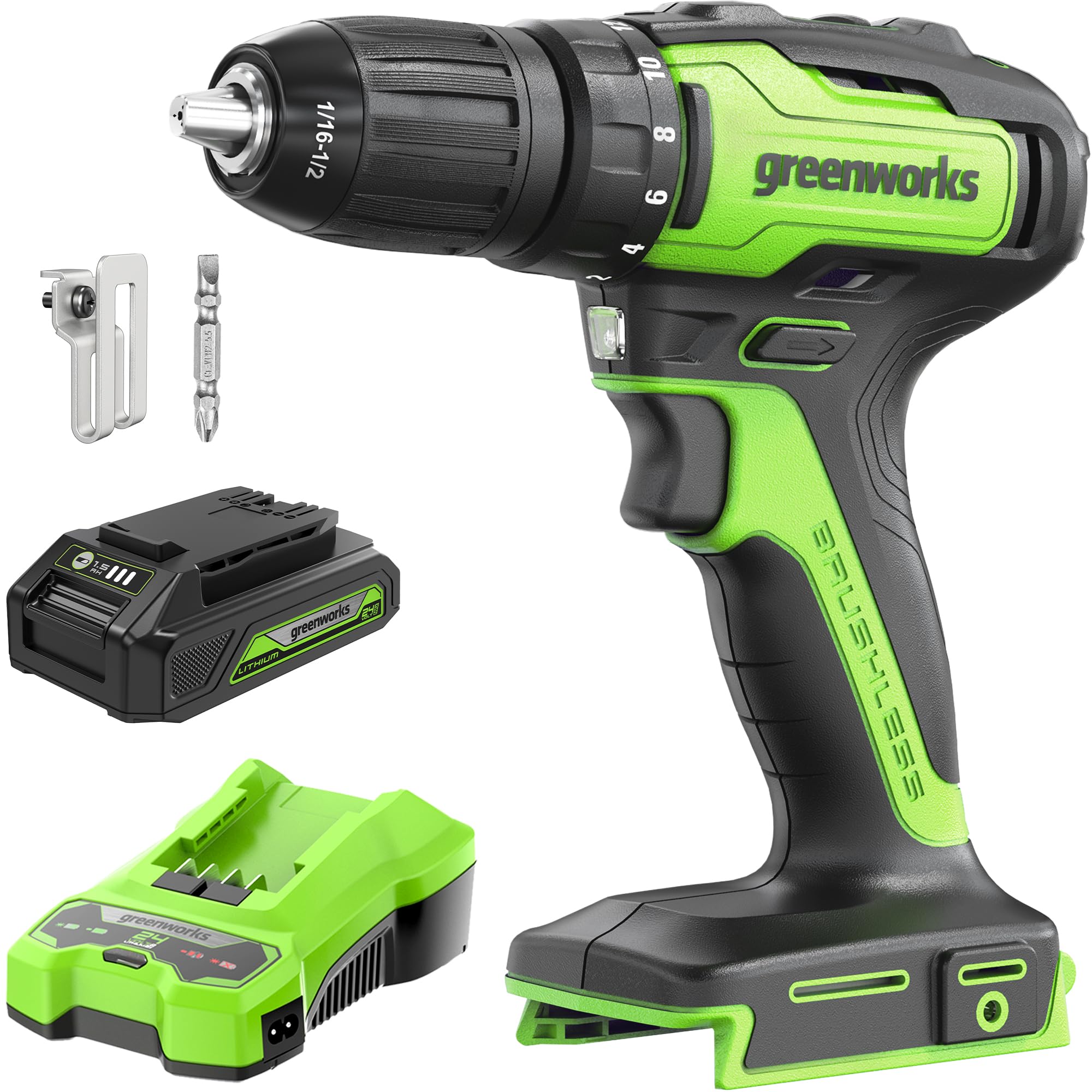 Greenworks 24V Brushless Cordless Drill Kit, 310 in./lbs, 18+1 Position Clutch, 1/2 ” Keyless Chuck, Variable Speed, 1.5Ah Battery With 2A Charger,