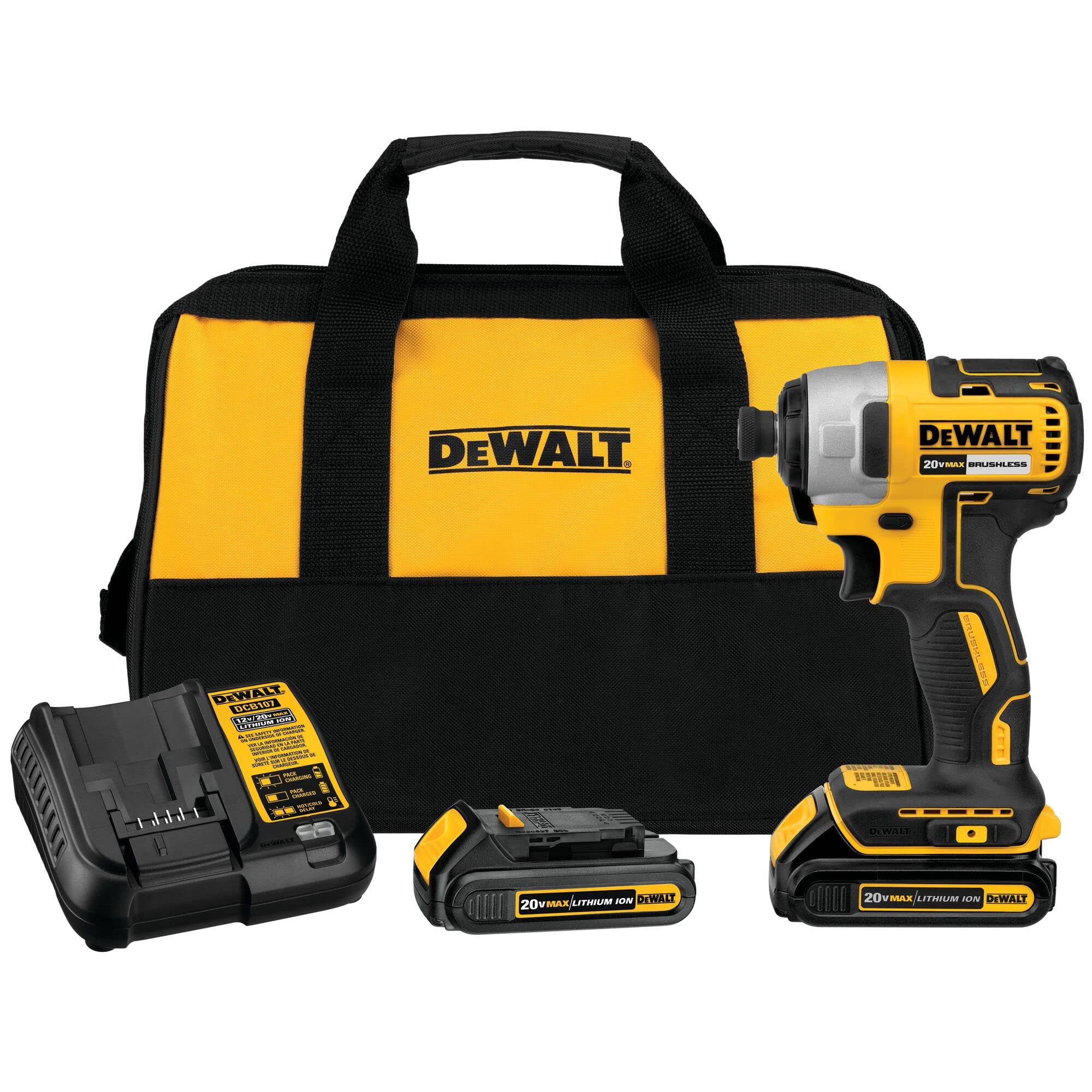 DEWALT 20V MAX Cordless Impact Driver Kit, Brushless, 1/4″ Hex Chuck, 2 Batteries and Charger (DCF787C2)