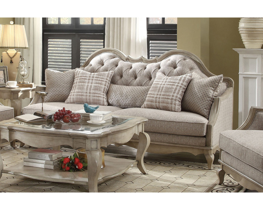 ACME – Chelmsford Sofa with 5 Pillows in Beige/Antique Taupe