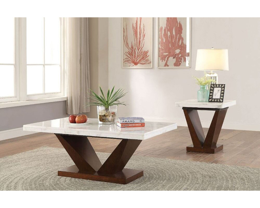 ACME – Forbes Coffee Table in White Natural Marble Top/Walnut