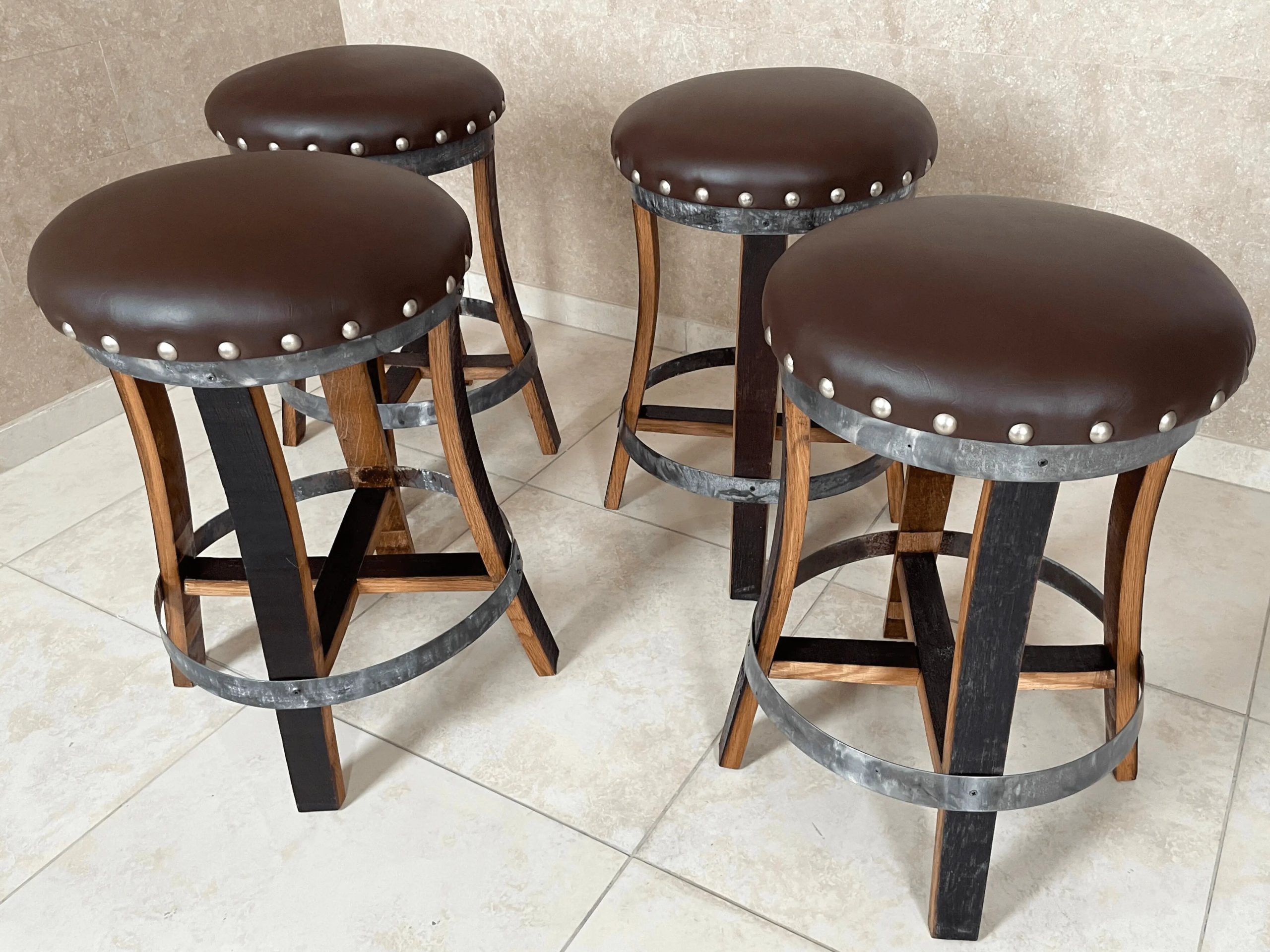 Brown Wine Barrel Bar Stool – Whiskey Barrel Stave Pub Stool – Counter Height – Handmade Wine Barrel Chair, Memory Foam Upholstery