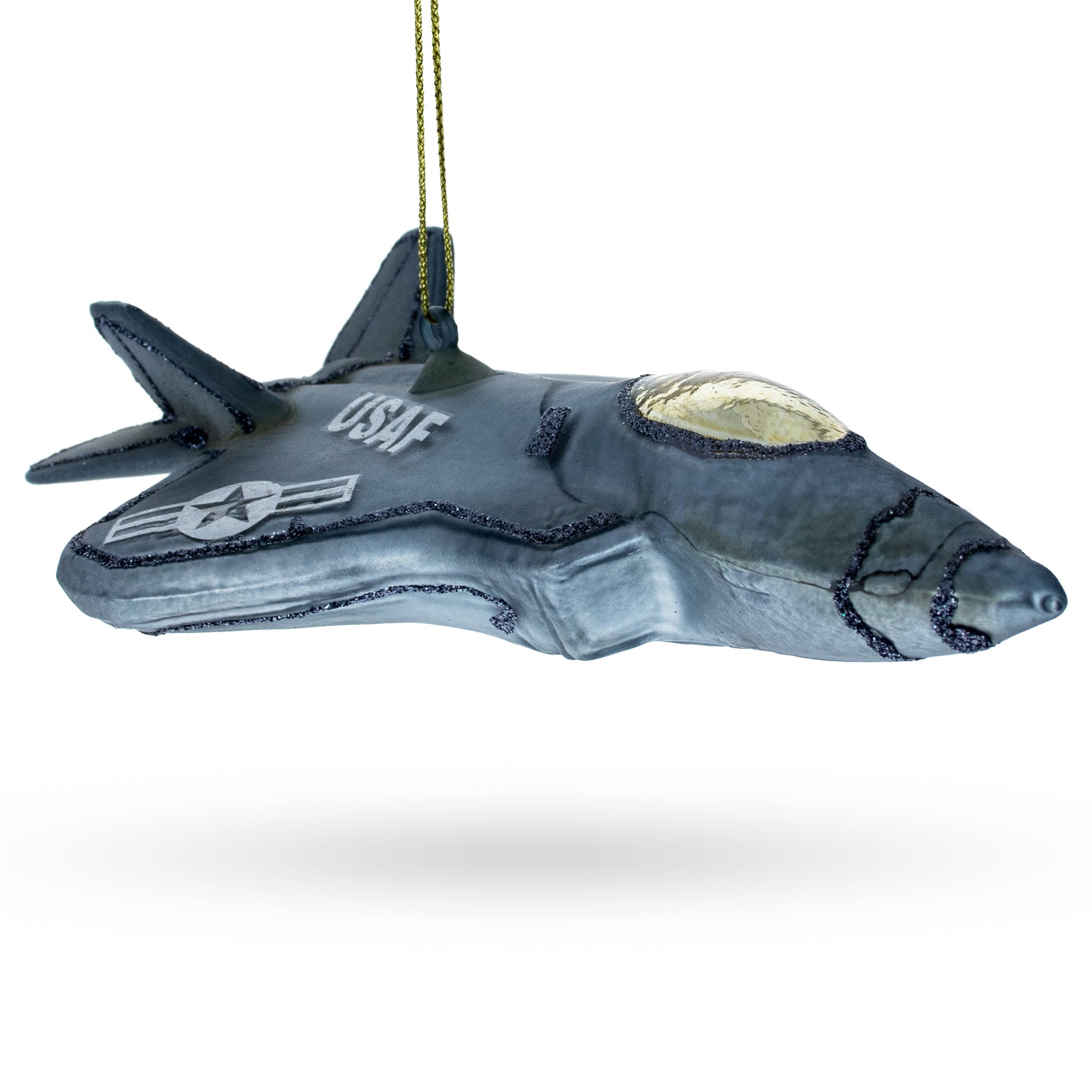 Skybound Sentinel: Mighty Us Army Fighter Jet – Blown Glass Christmas Ornament