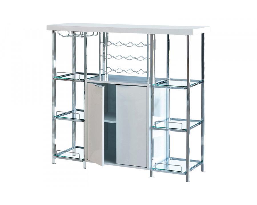 Coaster – 2-Door Bar Cabinet With Glass Shelf in High Glossy White/Chrome