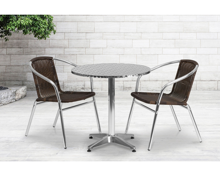 BLNK – Lila Round Aluminum Indoor-Outdoor Table Set with 2 Rattan Chairs