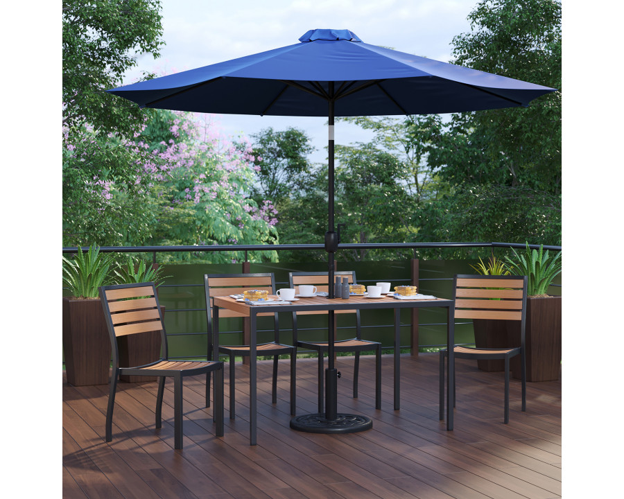 BLNK – All-Weather Deck or Patio Set with 4 Stacking Faux Teak Chairs, 30″ x 48″ Faux Teak Table, Umbrella and Base