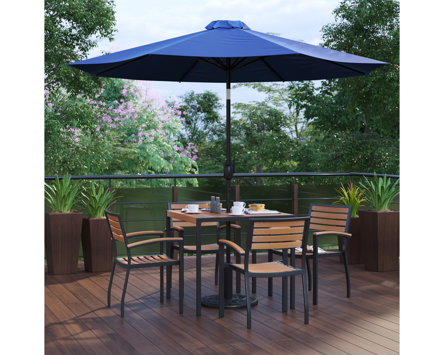 BLNK – Lark Outdoor Patio Table Set with 4 Synthetic Teak Stackable Chairs, Square Table, Umbrella and Base