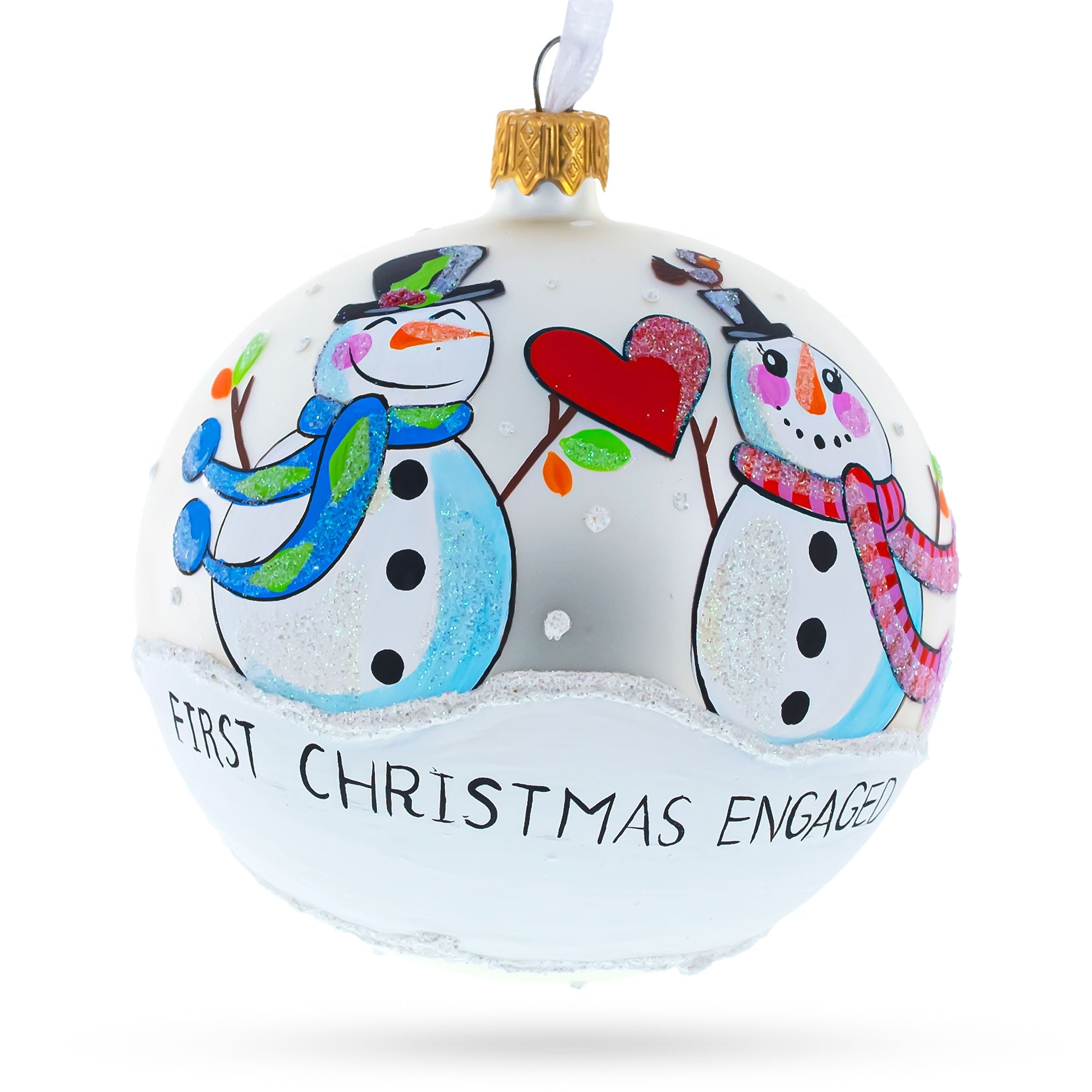 Engaged Snowman Couple: A Winter Romance Blown Glass Ball ‘our First Christmas’ Ornament 4 Inches