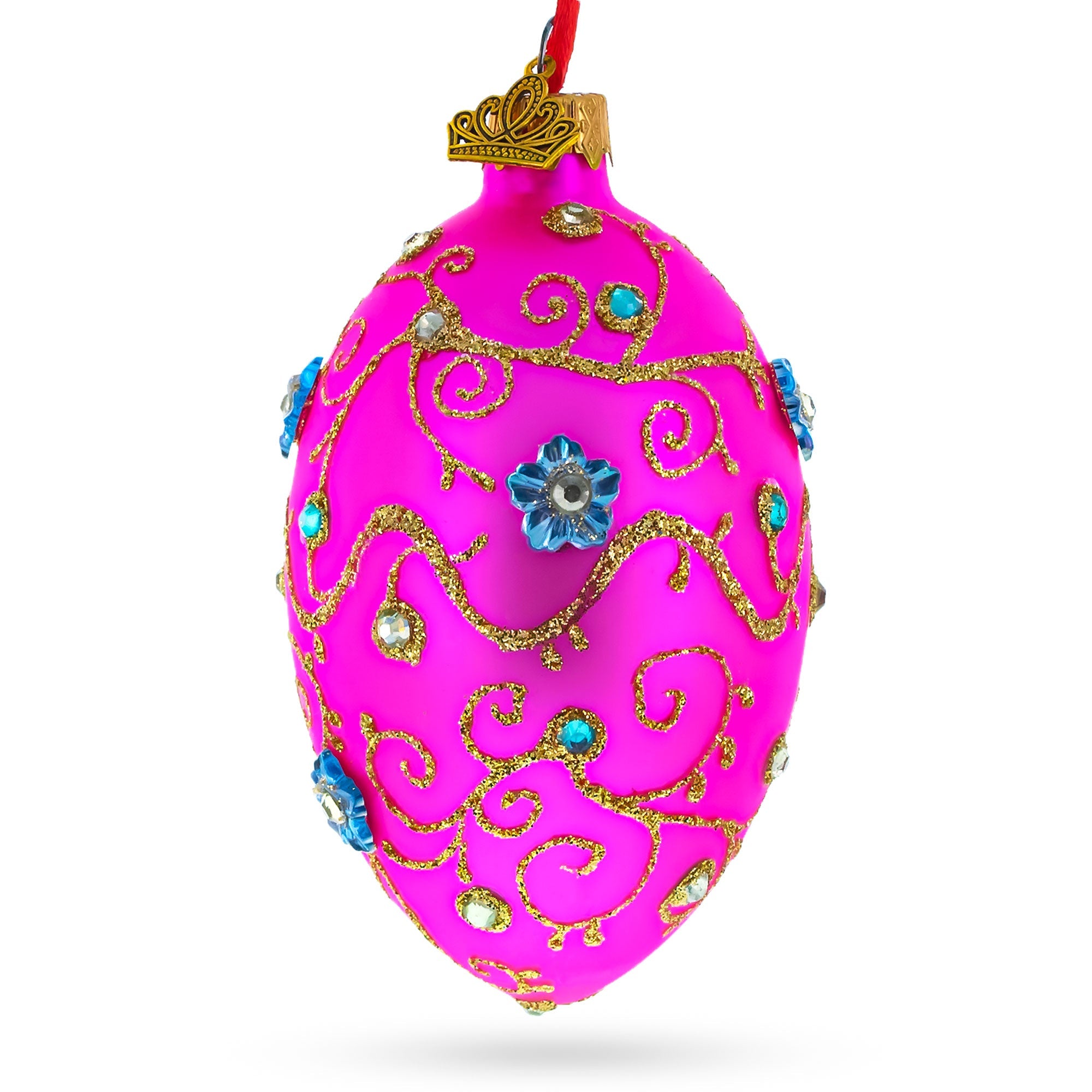 Diamond Flowers On Pink Glass Egg Christmas Ornament 4 Inches