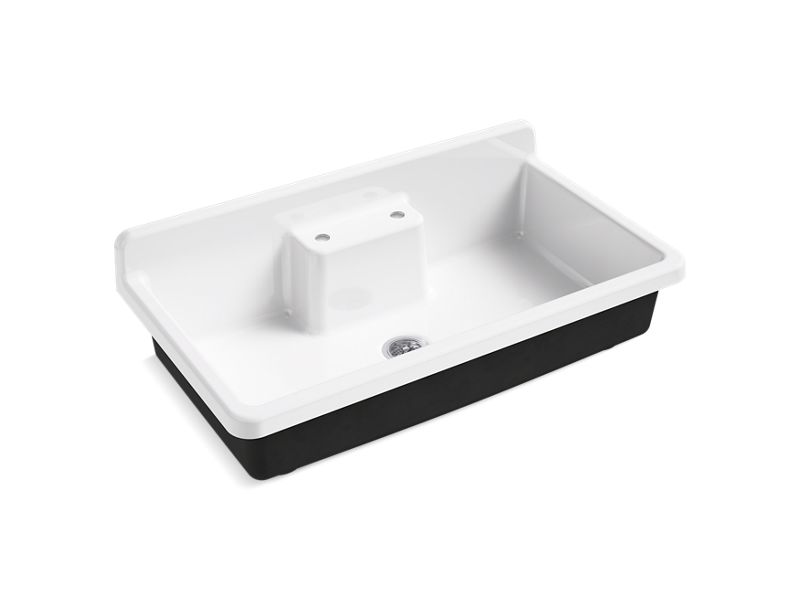 KOHLER 21103-2HP5 Farmstead 45″ x 25″ x 9″ top-mount/wall-mount workstation kitchen sink with two faucet holes, black underside