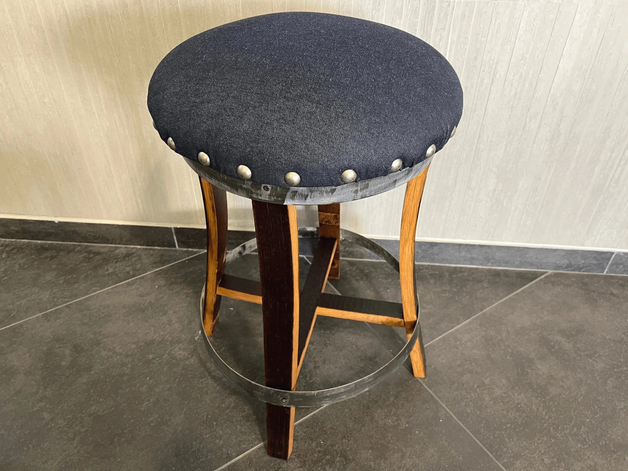 Day Navy Blue Wine Barrel Bar Stool – Whiskey Barrel Stave Pub Stool – Counter Height – Handmade Wine Barrel Chair, Memory Foam Upholstery